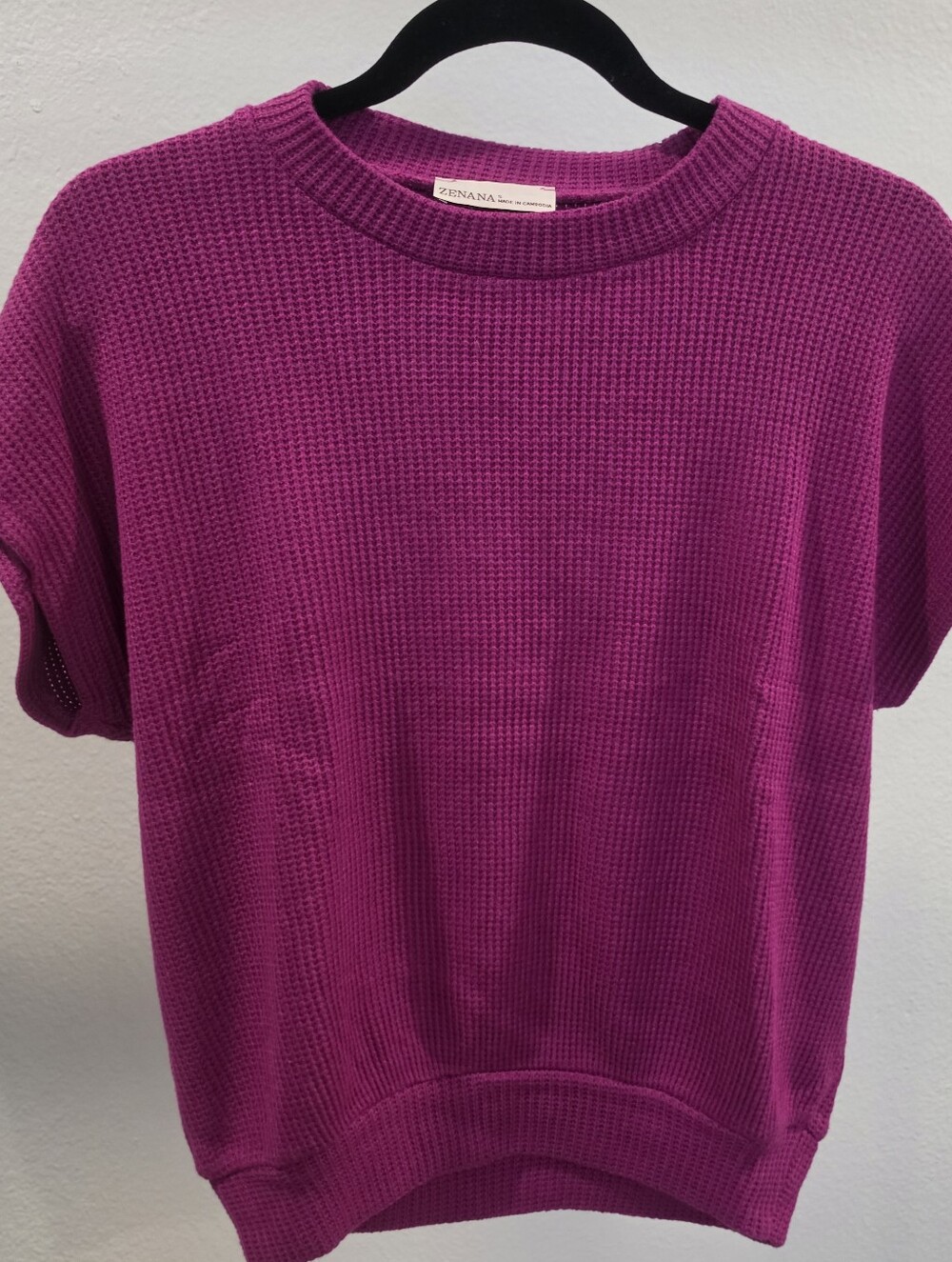 Zenana Outfitters Short-Sleeve Waffle Knit Top in Fuschia